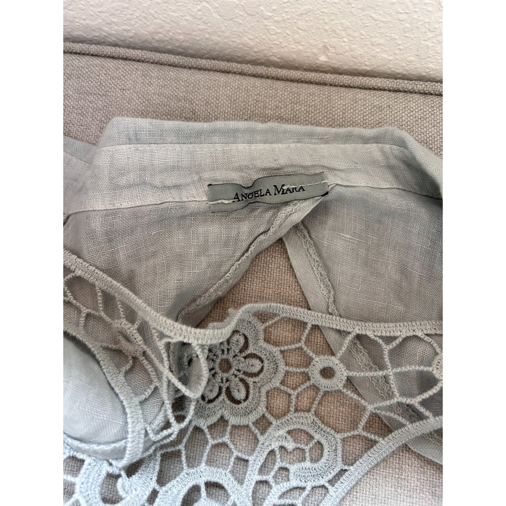Angela Mara Linen Button Up Top Crochet Back Roll Tab Sleeve Grey Size Large - Picture 5 of 8